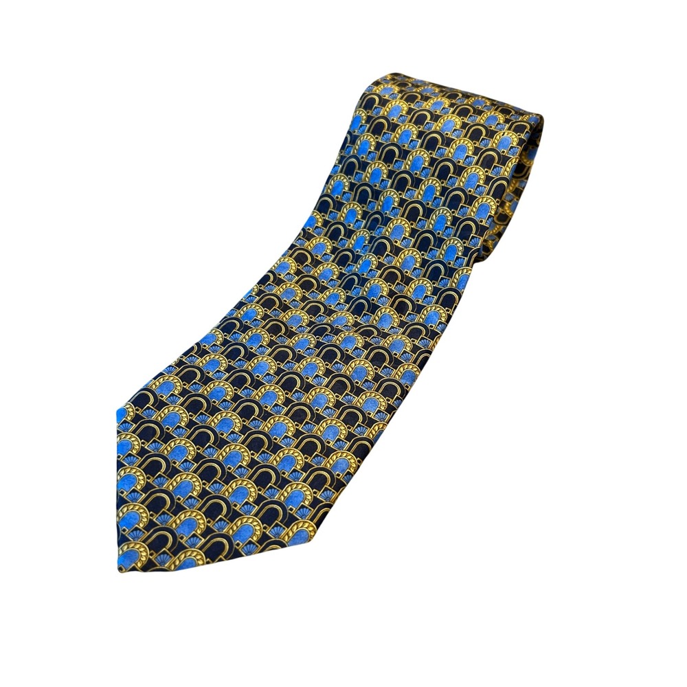 Lanvin Paris Men's Necktie Blue Gold Archway Patterned Silk Designer‎ Formal